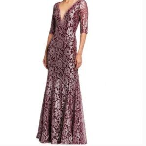 Jovani Metallic Lace V-Neck Elbow-Sleeve Gown size 10